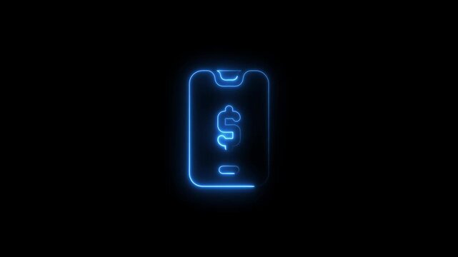 Glowing blue neon smartphone with dollar sign on screen against black background mobile payment finance technology symbol