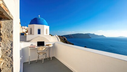 Obraz premium Santorini Villa Balcony Workspace with Aegean Sea View