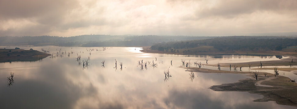 Aerial panorama view of foggy morning light over a calm reservoir full of dead tree
