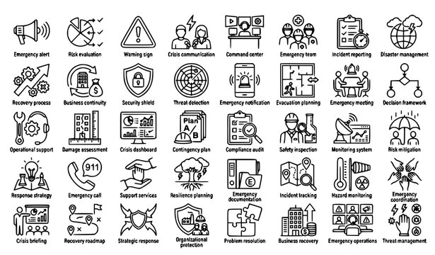 Crisis Management and Disaster Response Icon Set with Emergency Alert Risk Evacuation Continuity Contingency Compliance Resilience Recovery and Threat Line Vector Icons