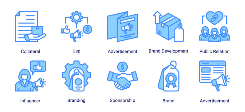 Business branding icon set with advertisement,brand identity,sponsorship,and influencer marketing icons for creative promotion and corporate design.