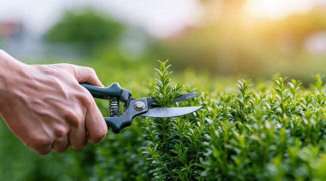 Close up of hand pruning green hedge with garden shears in sunlight
