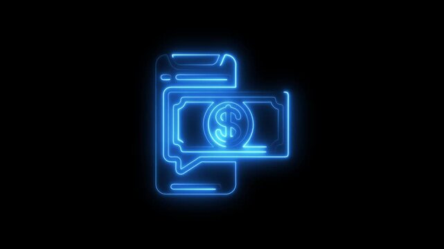 Neon blue digital payment symbol with dollar sign on black background online transaction mobile payment