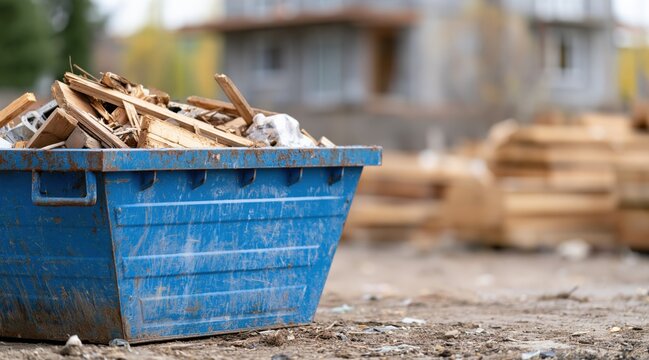 Blue skip container filled with wood waste on construction site