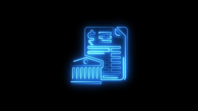 Neon blue bank building and document with dollar sign on black background banking finance money
