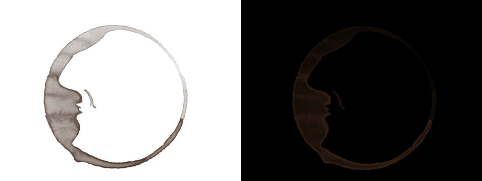 Coffee stain ring with face profile pareidolia on white and black

