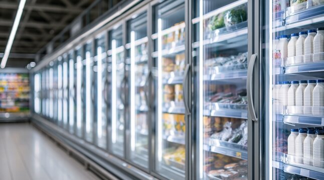 Supermarket aisle with refrigerated glass door cabinets and dairy products