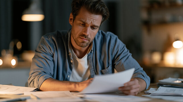 Overwhelmed small business owner spreading Chapter 11 bankruptcy filing documents across kitchen table at midnight, accountant highlighting liquidation schedules while creditor