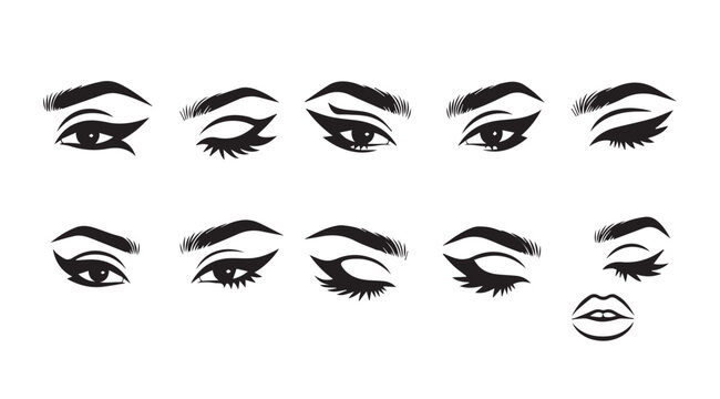 Various Eyeliner Styles Applied to Eyes and Lips Black and White Graphic Illustration Minimalist Design