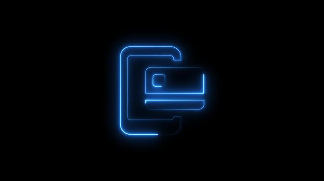 Neon blue credit card symbol glowing on black background ecommerce payment finance