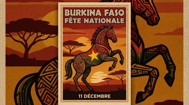 Burkina Faso National Day Poster with Sahel Landscape and Traditional Patterns