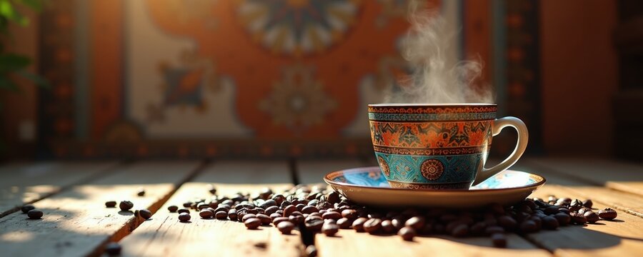 Steaming coffee cup sits on saucer surrounded by roasted beans. Rustic wooden table surface with scattered coffee beans. Ornate patterned mug and warm morning light.