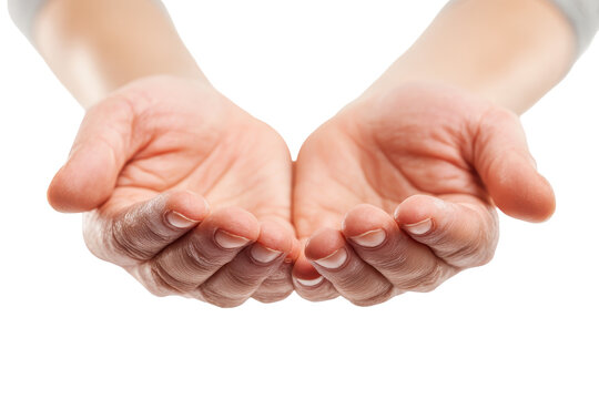 Offering hands of hope and support isolated on transparent background. Two hands holding a heart shape together isolated on white background.