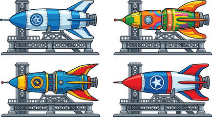 Retro space rocket on launch pad vector icon set, cad drawing flat vector illustration of spaceship startup © VectoVerse