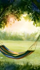 Naklejka premium Serene watercolor hammock scene evokes peaceful relaxation under golden hour sunlight through leafy trees