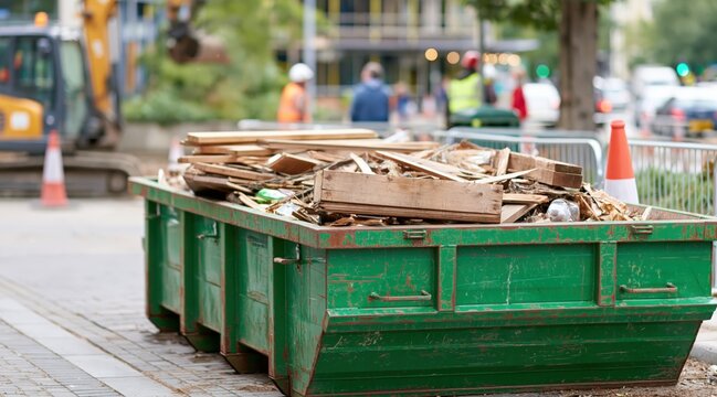 Green metal skip filled with wooden construction waste on urban street
