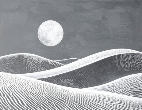 Black & white landscape depicts moon over desert dunes. Fine lines and textures present