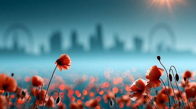 Mohnblumen vor Londoner Skyline bei magischem Sonnenaufgang