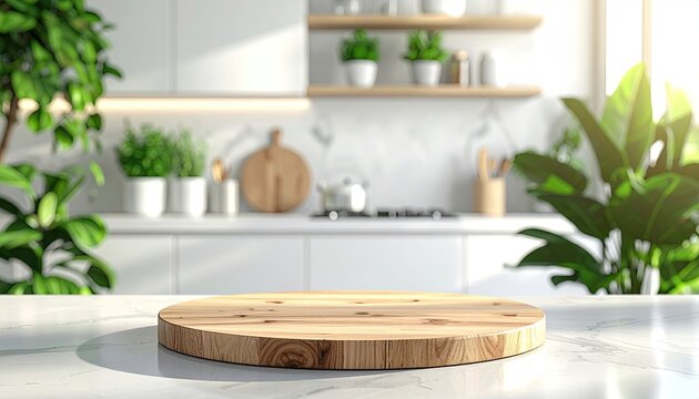 Round wood board on white marble counter in sunny modern kitchen