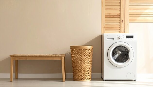 Modern laundry room with washer, hamper, bench, beige wall