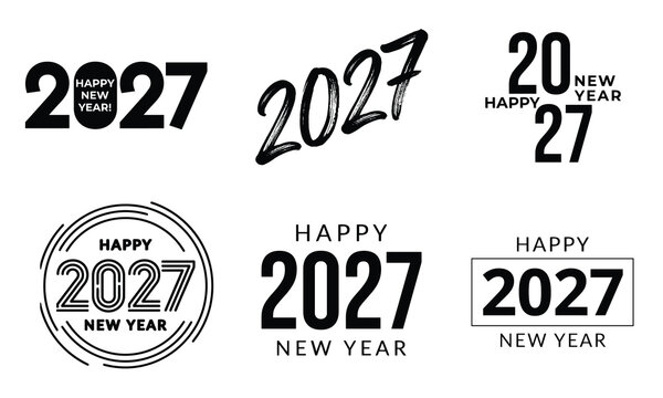 Collection of six black Happy New Year 2027 typography logo designs featuring various modern and classic fonts on a white background.