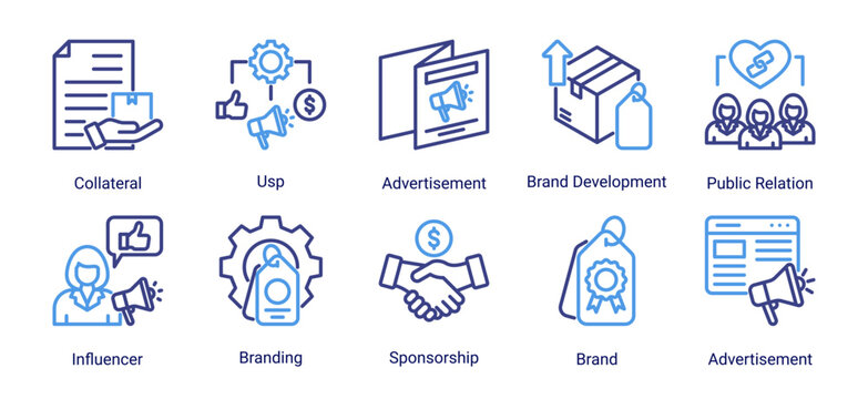 Business branding icon set with advertisement,brand identity,sponsorship,and influencer marketing icons for creative promotion and corporate design.
