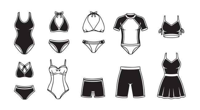 Assorted Swimwear Styles IllustratedBikinis One-Pieces Trunks Rash GuardClean Line Art