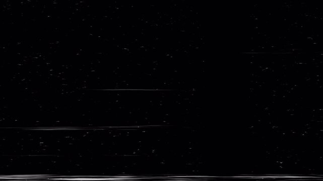 VHS static and analog TV interference overlay with noise particles, scanlines, signal distortion on a dark background. Television noise distortion texture with scanline effect for editing. 4K Video