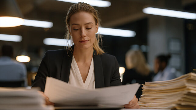 Federal agency enforcement attorney reviewing noncompliance documents at a government office desk, stacks of sealed case files beside her, fluorescent lighting overhead,