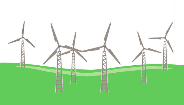 old wind turbine farm 2D on green field