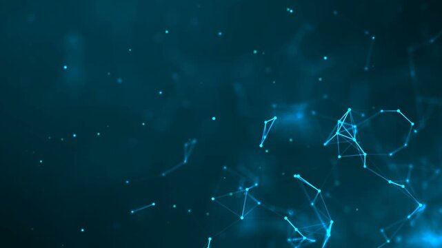 Abstract network of glowing blue lines and dots forming interconnected geometric shapes against a dark teal background, representing a digital data network, scientific connection, or technological