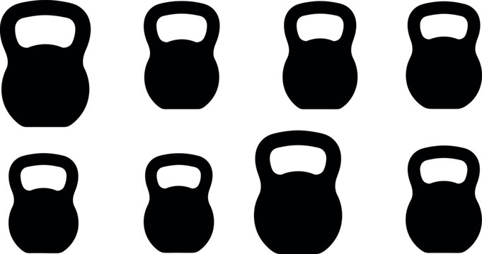 Collection of minimalist black kettlebell vector icons in various angles for sports and workout illustrations.