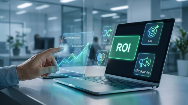 ROI strategy marketing performance, budget allocation, ROAS tracking, A/B testing insights, advertising analysis business growth, KPI dashboard optimization, digital metrics, ROI Performance Dashboard