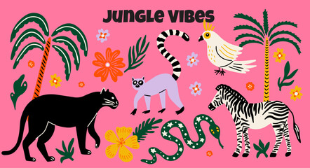Jungle vibes themed vector sticker elements set. Collection of cute groovy funky cartoon illustration of wild animals, palm tree, exotic plants, flowers, Panthera, Lemur, Zebra, snake, Cockatoo bird © WeirdyTales