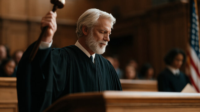 Silver-haired judge in formal robes lifting gavel above mahogany bench during high-profile civil ruling, packed gallery behind bar rail holding breath as court clerk stands ready