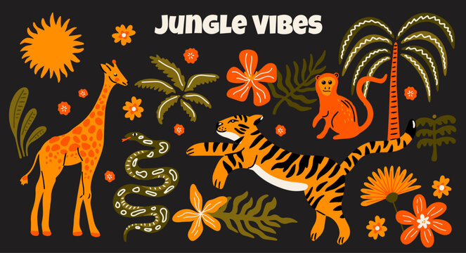 Jungle vibes themed vector sticker elements set. Collection of cute groovy funky cartoon illustration of wild animals, palm tree, exotic plants, flowers, tiger, monkey, giraffe, snake
