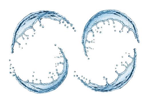 Two circular arcs of splashing clear water with droplets and ripples isolated on a transparent background