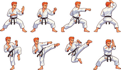 Martial arts fighter actions set with karate or taekwondo poses, kicks and punches, cad drawing flat vector illustration © VectoVerse