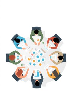 Group of diverse business people sitting at a round table for a professional team meeting and brainstorming session