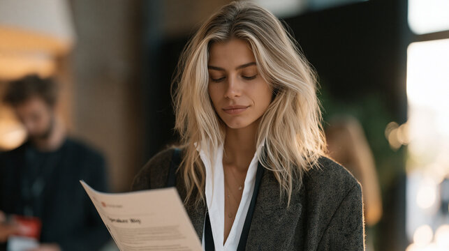 Founder imposter syndrome moment shown as a young entrepreneur stands backstage at a conference preparing to give a keynote, reading over her own speaker bio on a printed program,