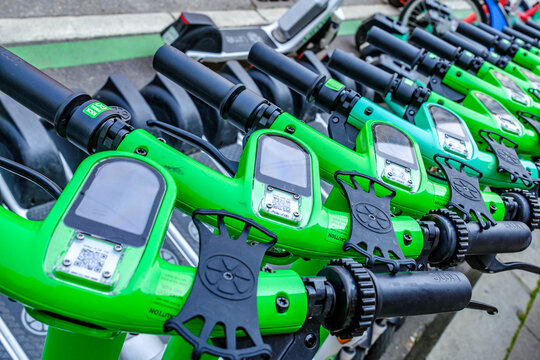 Munich, Germany - June 10: typical electro scooter at a sidewalk in munich on June 10, 2025
