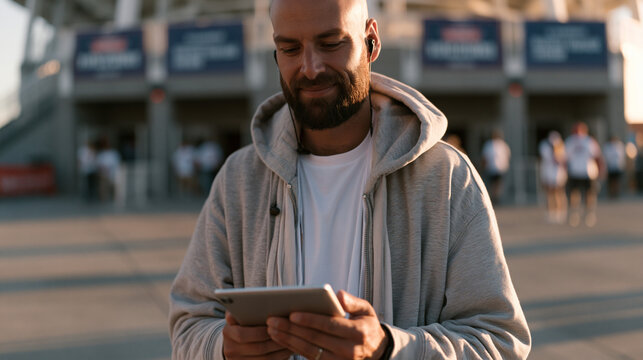 Campaign rally security coordinator reviewing crowd density metrics on a tablet outside a stadium entrance, staff with earpieces positioned at each gate, banners above the main