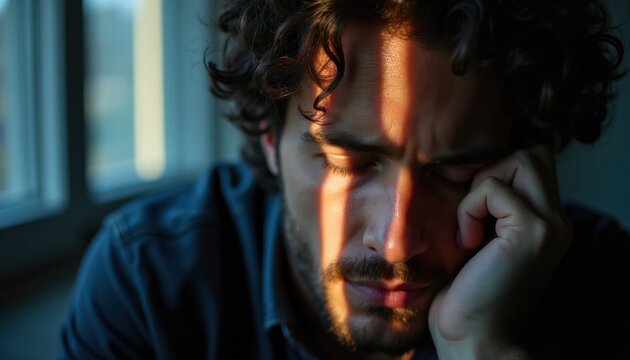 Man looks stressed and tired resting head on hand. Sunlight stripes across his face indoors. He feels overwhelmed and exhausted from constant digital connection overload.