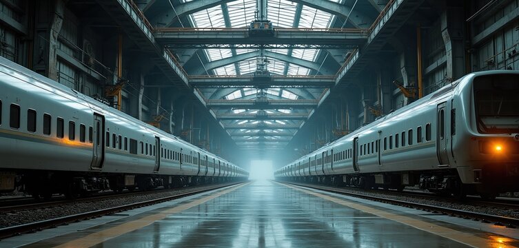Modern high speed trains at station platform. Sleek passenger railcars wait under industrial station roof. Clean transport infrastructure future journey begins.