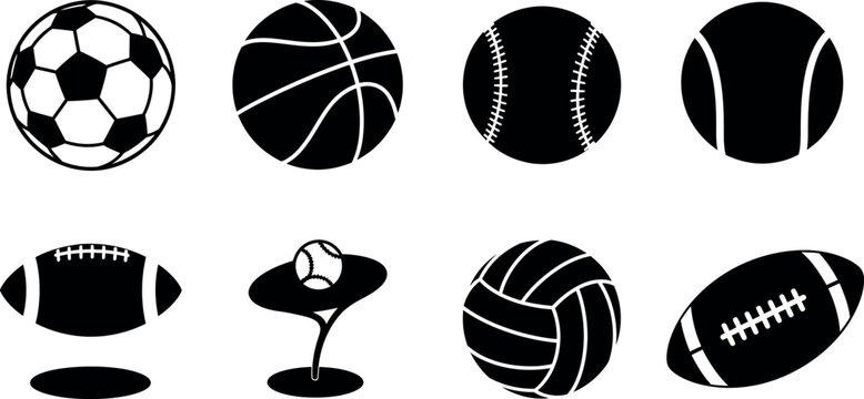 Set of eight minimalist sports ball icons including soccer, basketball, volleyball, and football in black and white outline design.