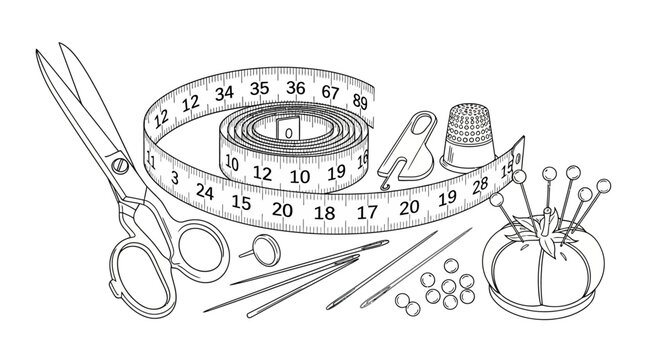 Sewing tools illustration scissors tape measure pins and thimble