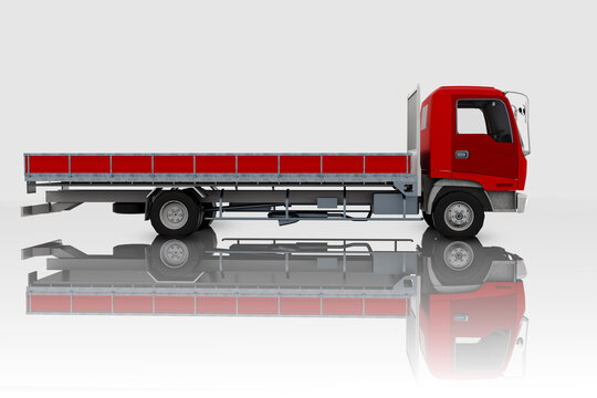 Camion pianale rosso visto di lato su sfondo bianco con riflesso. Ideale per temi di trasporto, logistica, edilizia, industria e movimentazione merci.