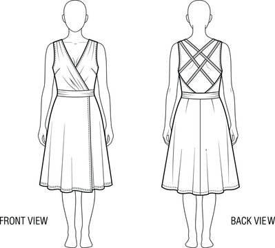 Cad drawing flat vector illustration of women sleeveless wrap dress with strappy criss cross back detail