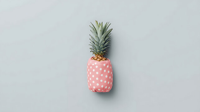 This image is a creative fruit concept featuring a pineapple wrapped in pink polka dot gift paper