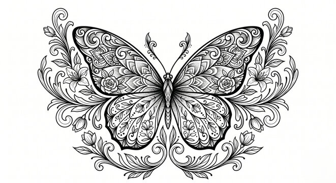 Butterfly tattoo floral ornate symmetric black ink tattoo design illustration